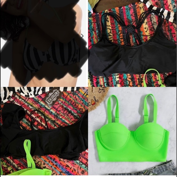 💚LOT OF 3 NWT & EUC 1980’s STYLE SWIMSUIT BIKINI TOPS NEON GREEN CORSET - Picture 1 of 8